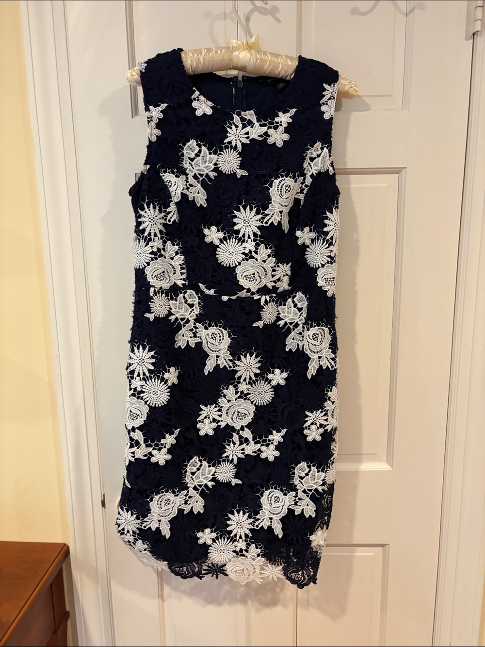 Banana Republic Navy Blue Midi Dress with White Lace Overlay